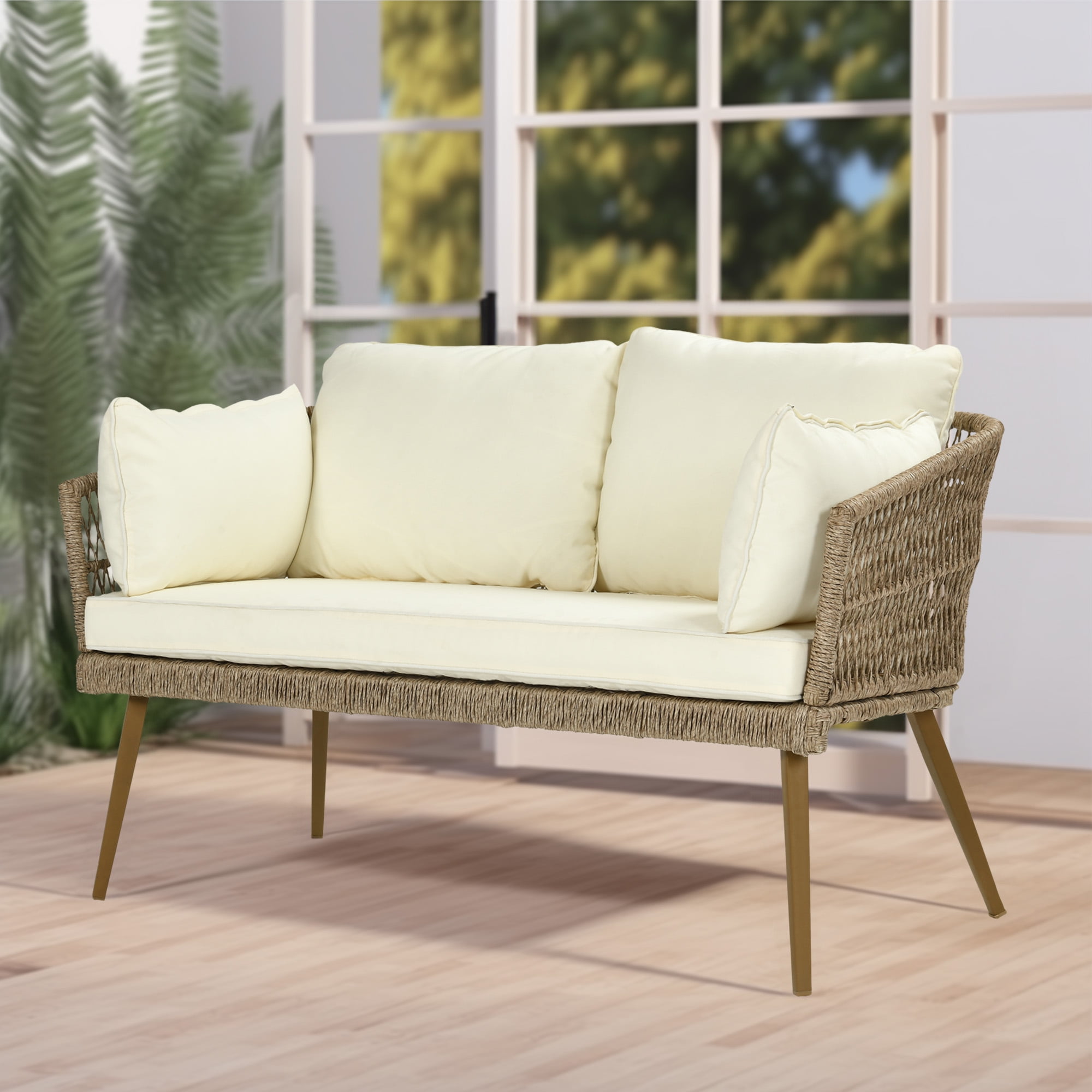 Dextrus Wicker Loveseat Sofa With Cushions Lumbar Pillows 2 Seats Patio Wicker Sofa Beige Walmart Business Supplies