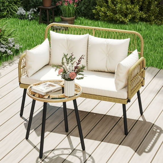 Dextrus Wicker Outdoor Loveseat, All-Weather Patio Furniture with Cushions, Light Brown+Beige