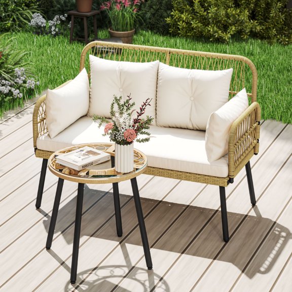 Dextrus Wicker Outdoor Loveseat, All-Weather Patio Furniture with Cushions, Light Brown Beige