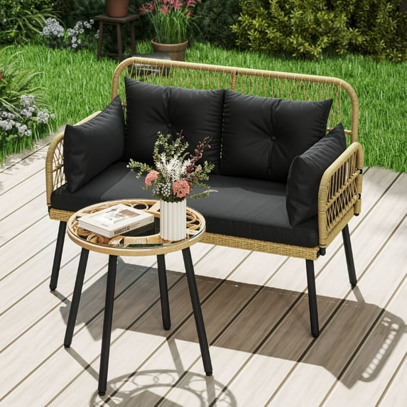 Dextrus Wicker Outdoor Loveseat, All-Weather Patio Furniture with Cushions, Light Brown+Black