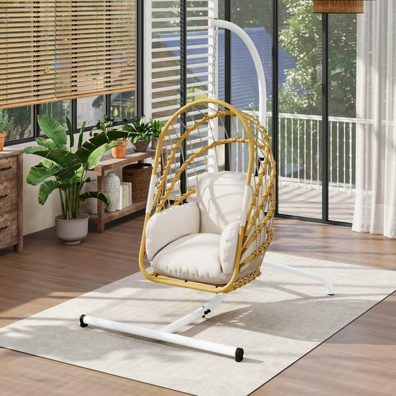 Dextrus Wicker Swing Egg Chair Hammock Hanging Chair Nest Basket with Stand, 350LB Capacity - Beige