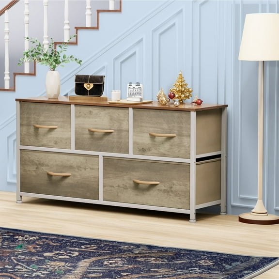 Dextrus 5 Drawers Wide Fabric Storage Chest of Drawers with Sturdy Steel Frame, Wooden Top for Bedroom Living Room, Closets