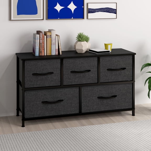 DEXTRUS 5 Drawers Wide Storage Fabric Dresser with Sturdy Steel Frame, Easy Pull Fabric Bins for Living Room, Closets for Adult, Black