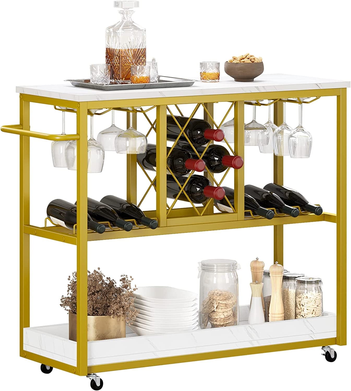 Dextrus Wine Bar Cart, Home Bar Serving Carts with Wine Rack Glasses