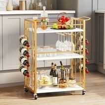 Dextrus Wine Bar Cart, Small Rolling Serving Cart with Wine Rack and Glass Holders, 3 Wood Storage Shelves for Living Room, Kitchen, Party, Gold