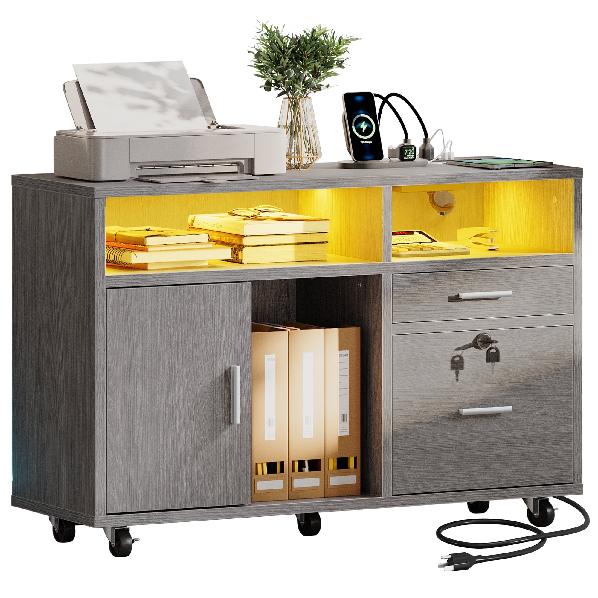 DEXTRUS Wood File Cabinet with LED Light and Lock, 2 Drawer Mobile Lateral Filing Cabinet with Open Storage Shelves & Charging Station, Gray