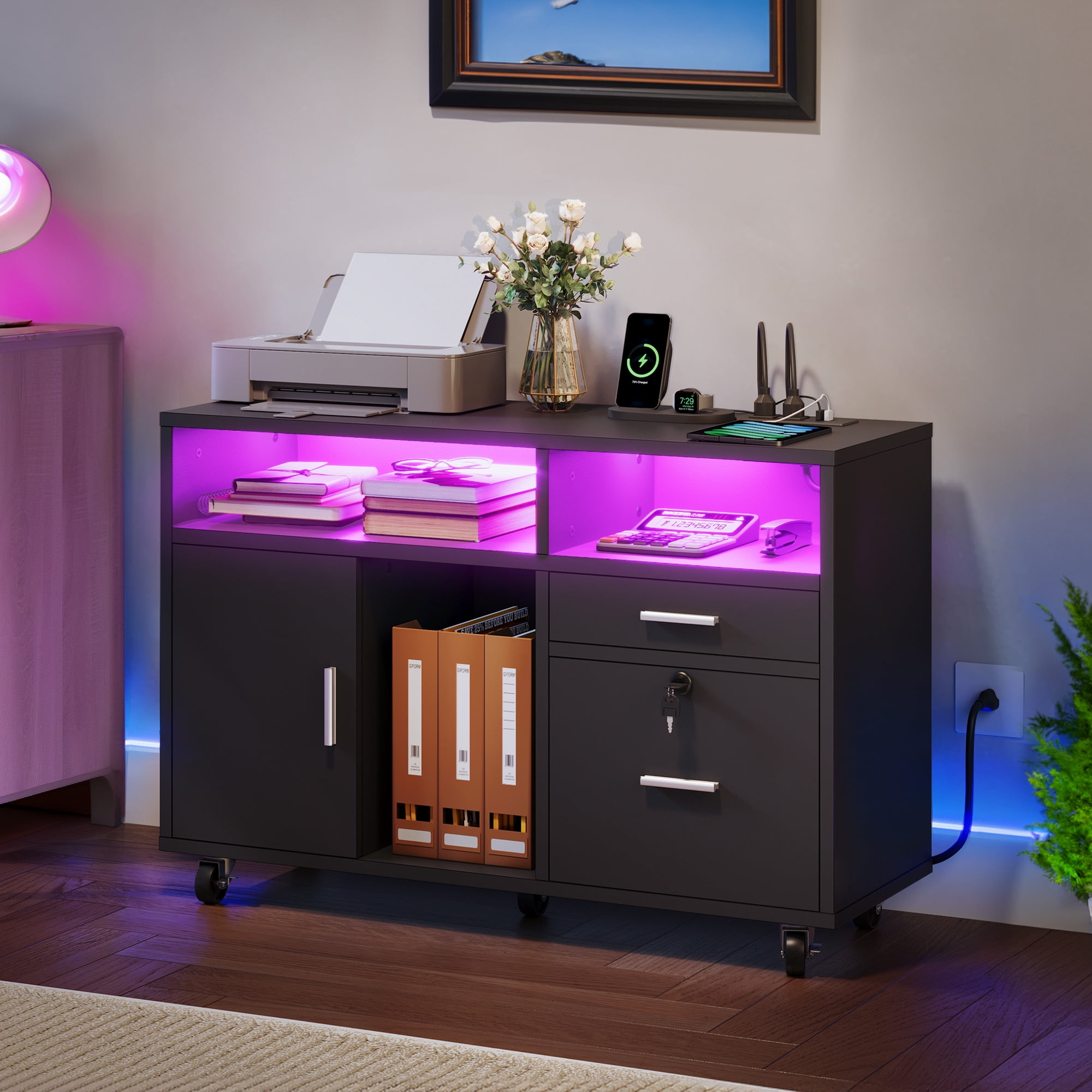 Led Open Filing Light Dextrus Wood File Cabinet with LED Light and Lock, 2 Drawer Mobile ...