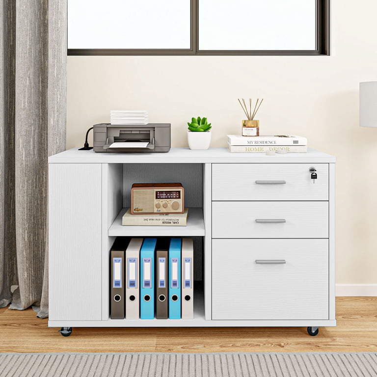 Dextrus Wood File Cabinet with Charging Station, Mobile Storage