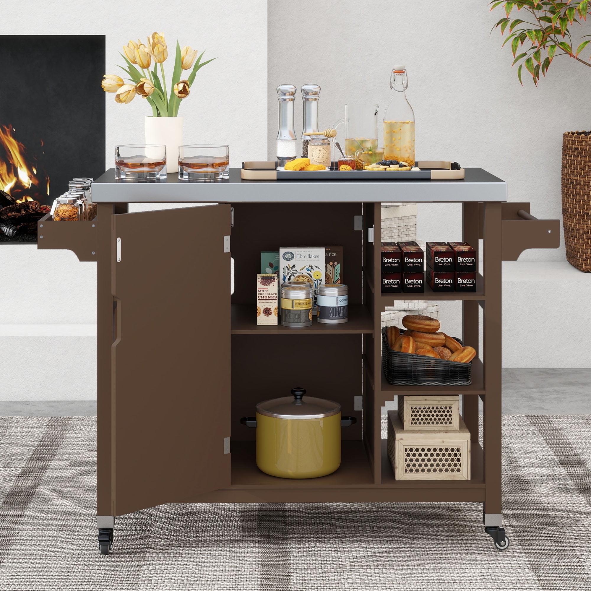 Dextrus Wood Grill Cart with Stainless Steel Table, Outdoor Grill Table ...