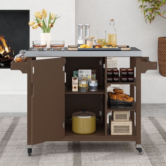 Dextrus Wood Grill Cart with Stainless Steel Table, Outdoor Grill Table with Wheels & Storage, Brown