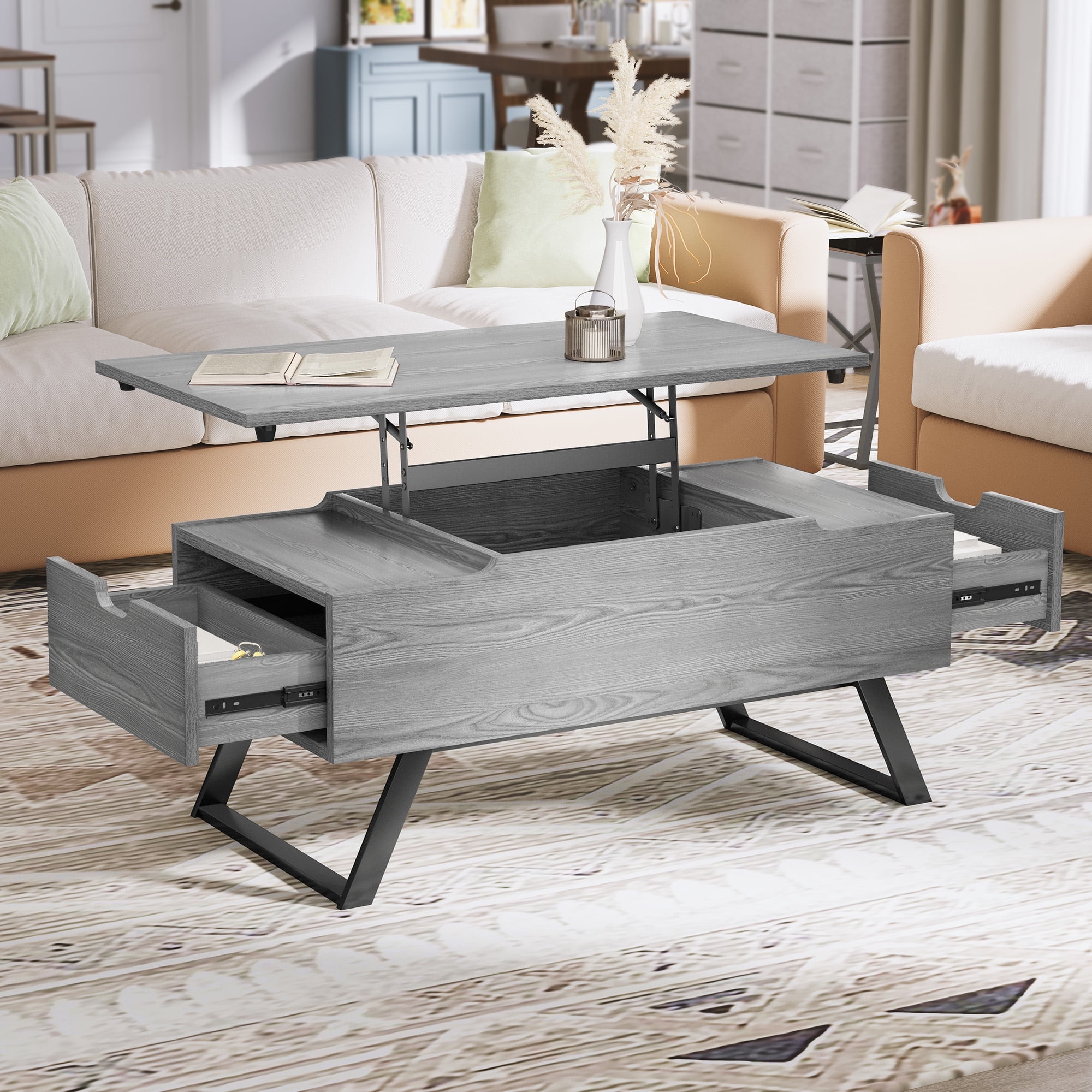 DEXTRUS Lift Top Coffee Table, Gray, Rectangular, Storage Drawers ...