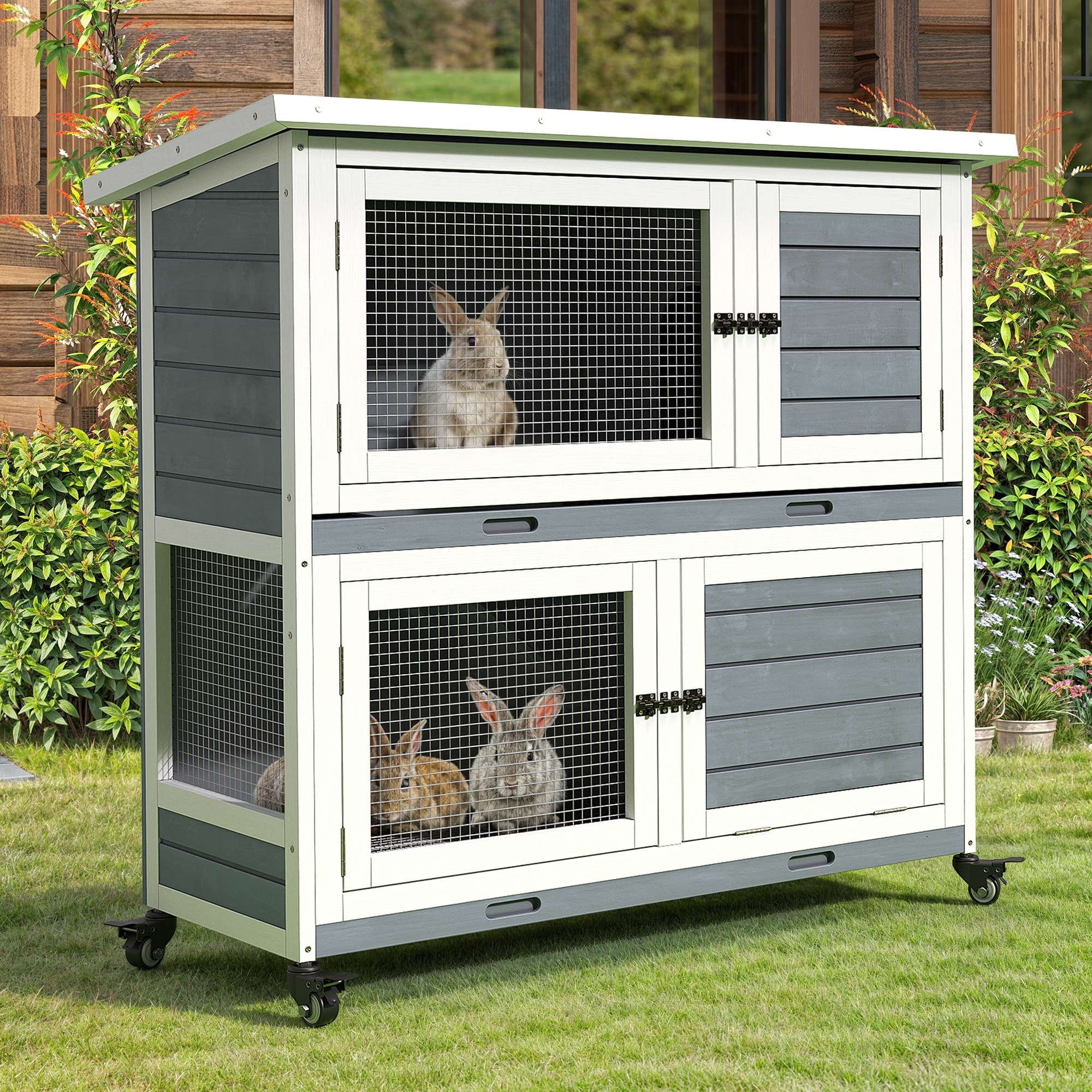Dextrus Wood Rabbit Hutch Bunny Cage with Wheels,with Opening Roof, Removable Tray, Small Pet House for Guinea Pig Indoor & Outdoor