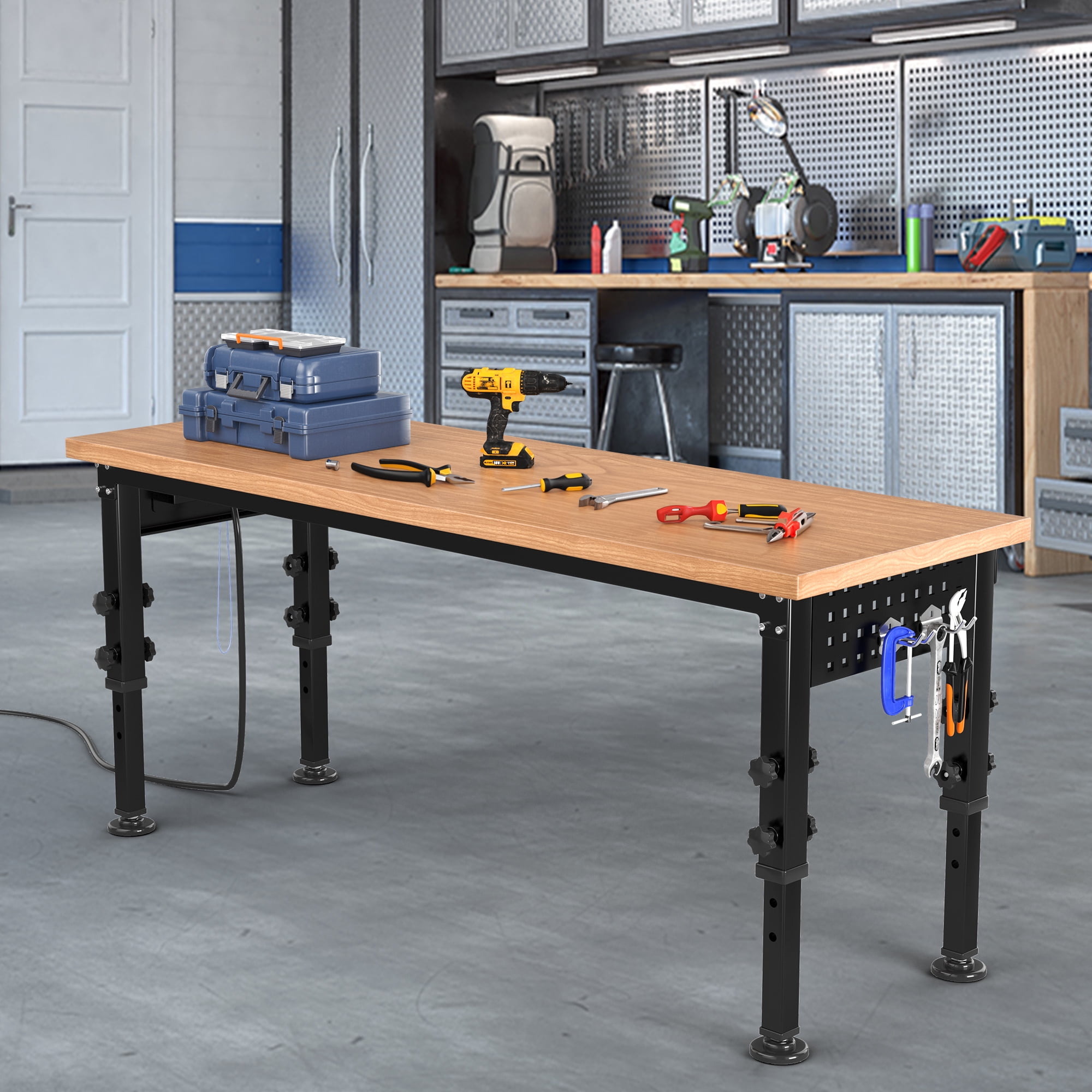 Dextrus Work Bench 60 L X 20 W Adjustable Workbench for Garage W/Pegboard  & Power Outlets Hardwood Top Heavy-Duty Workstation, 2000 LBS Load