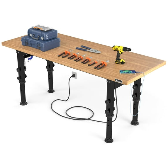 Dextrus Work Bench 60" L X 24" W Adjustable Workbench for Garage W/Pegboard & Power Outlets Hardwood Top Heavy-Duty Workstation, 2000 LBS Load Capacity for Workshop, Office, Home Outdoor