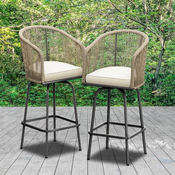 Dextrus Woven Collection Swivel Bar Stools with Curved Backrest, 360 Rotation Set of 2, Yellow Beige