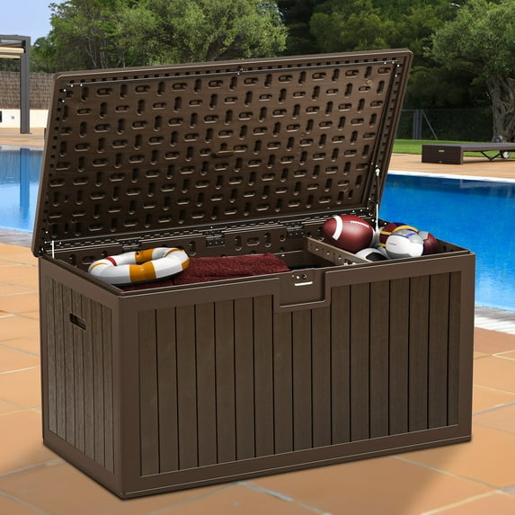 Dextrus XL 150 Gallon Large Deck Box, Outdoor Storage for Patio Furniture Cushions, Garden Tools and Pool Toys with Flexible Divider, Waterproof, Lockable (Brown)