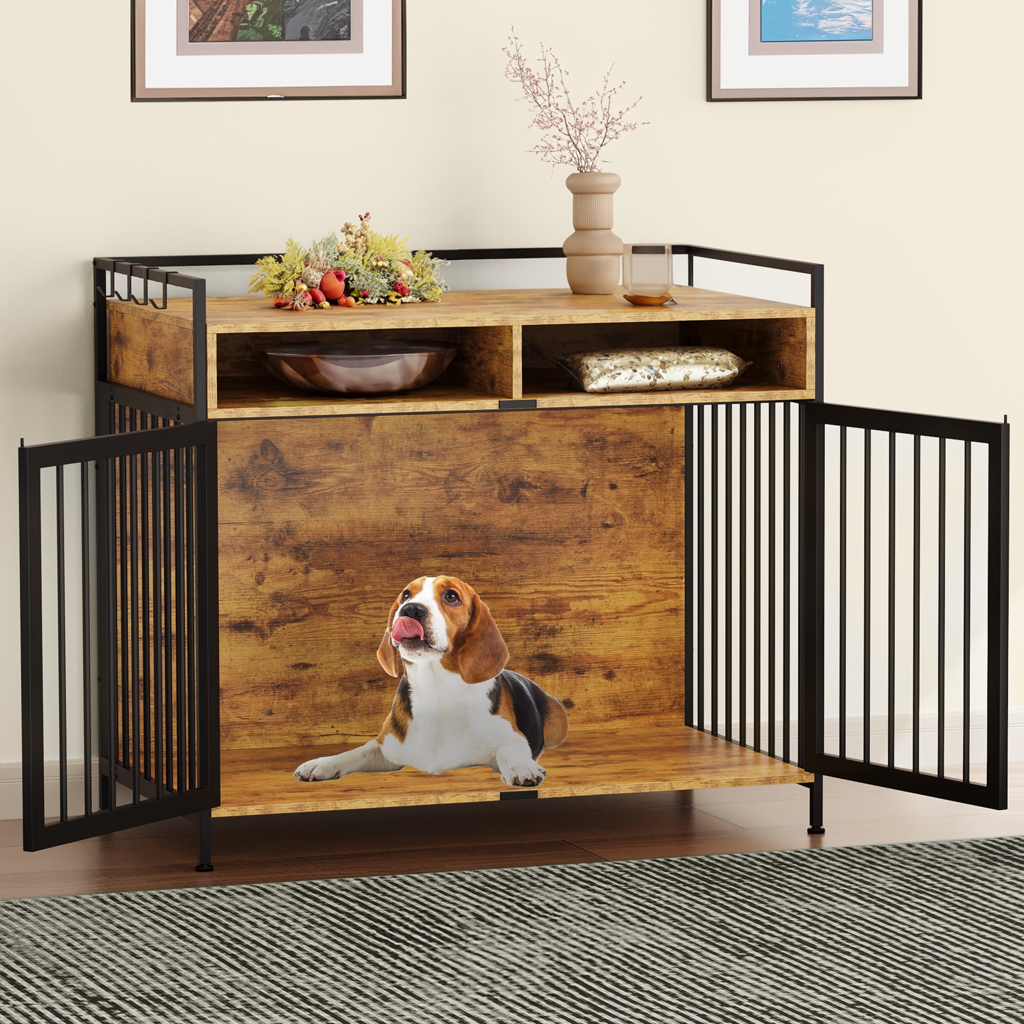 HOOBRO 39.4" Heavy Duty Dog Crate Furniture With Drawers, Wooden Dog Kennel Indoor Side Table For Medium Large Dogs, Walnut Black