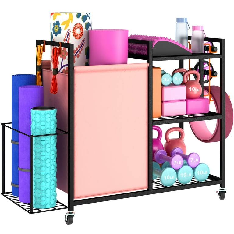 Dextrus Yoga Mat Storage Rack Yoga Mat Holder, Home Gym Storage Rack for  Foam Roller, Yoga Strap, Kettlebell, Weight Rack for Dumbbells Workout  Equipment Storage Organizer With Hooks and Casters 