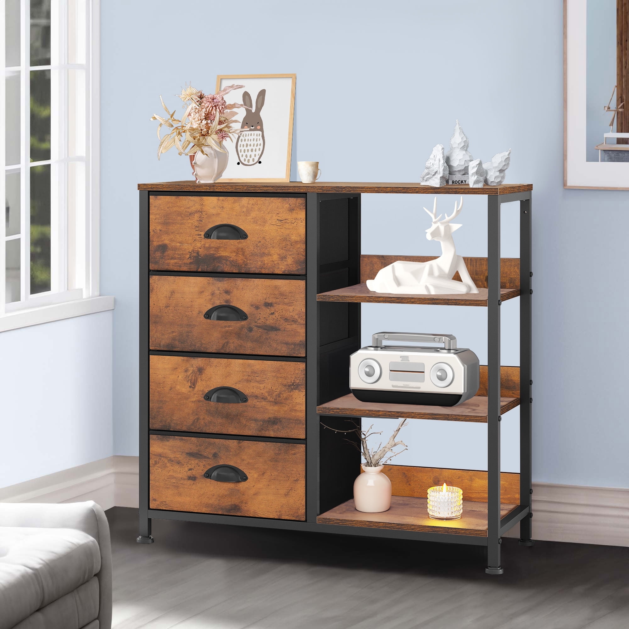 DEXTRUS 4-Drawer Fabric Storage Tower with Side Shelf, Organizer for Adults, Black/Brown