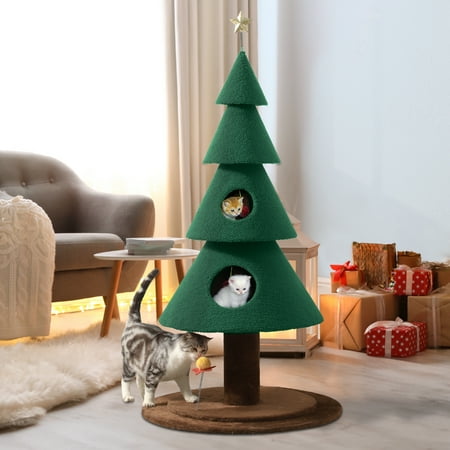 Dextrus60-inch Cat Tree,Tall Cat Tower Furniture with 2 Large Condos, 5ft Christmas Tree Party Decoration with Cat House and Beds