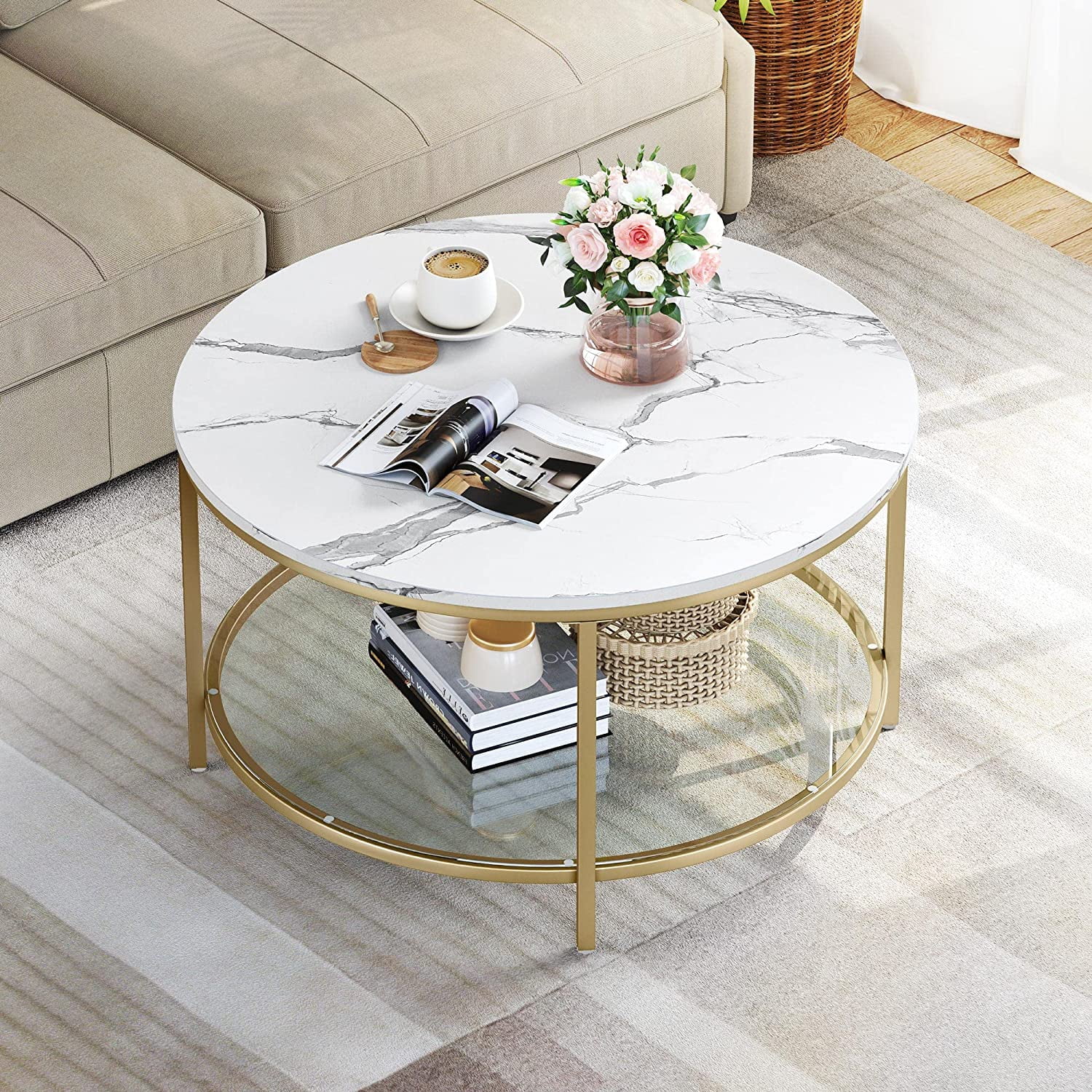 Dexturs 2-Tier Round Coffee Table Marble Center Cocktail Table with Glass Open Storage Shelf, White