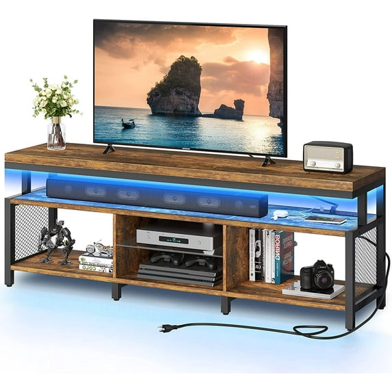 Dexturs LED TV Stands w/Power Outlets, Industrial TV Stand for 55/60/65/70 inch, Retro Brown