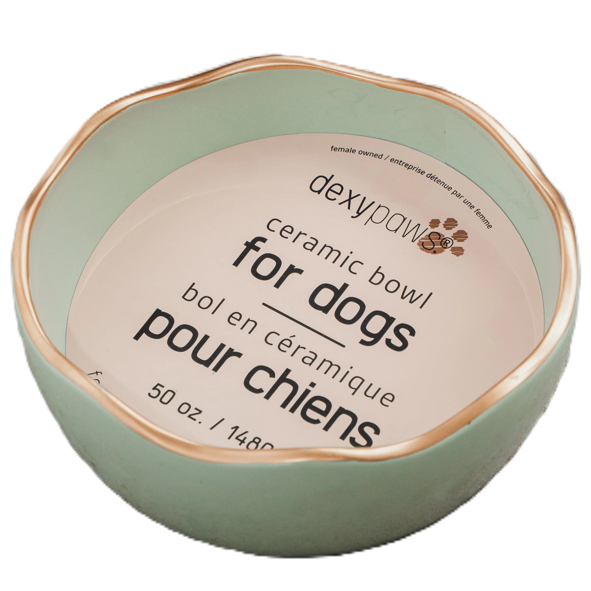Dexypaws: Ceramic Dog Bowl: Scalloped Sage Green - 50oz - Pet Feeding Dish, Meals, Food & Water, Dishwasher Safe, Non-Tip Design, Stylish Gold Trim