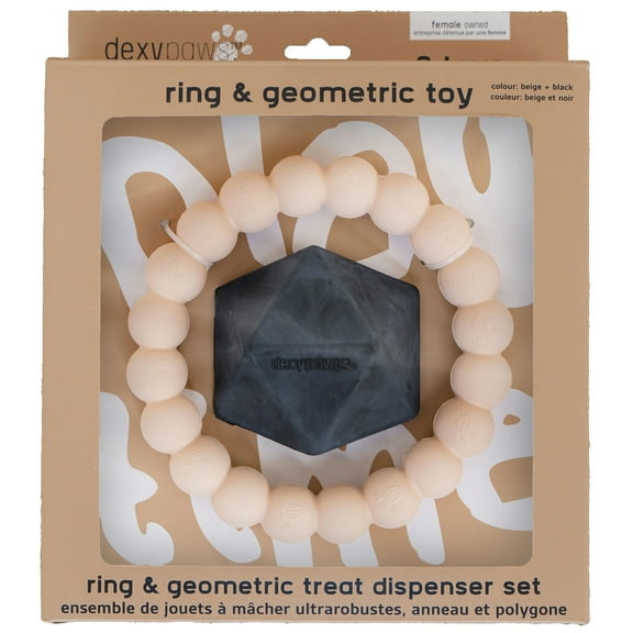 Dexypaws: Chew Master: Ring & Geometric Kong - Beige & Black - 2pc Dog Toys, Aggressive Chewers, Treat Dispensing Kong, Fetch & Tug, Rubber, Pet Play