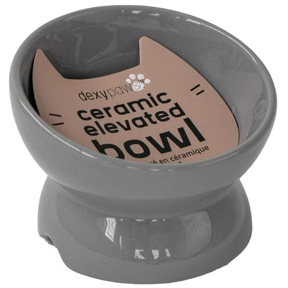 Dexypaws: Elevated Ceramic Cat Bowl - Grey - 7oz, Pet Feeding Dish, Meals, Food & Water, Ergonomic Height, Tilted & Raised, Stylish Glossy Design