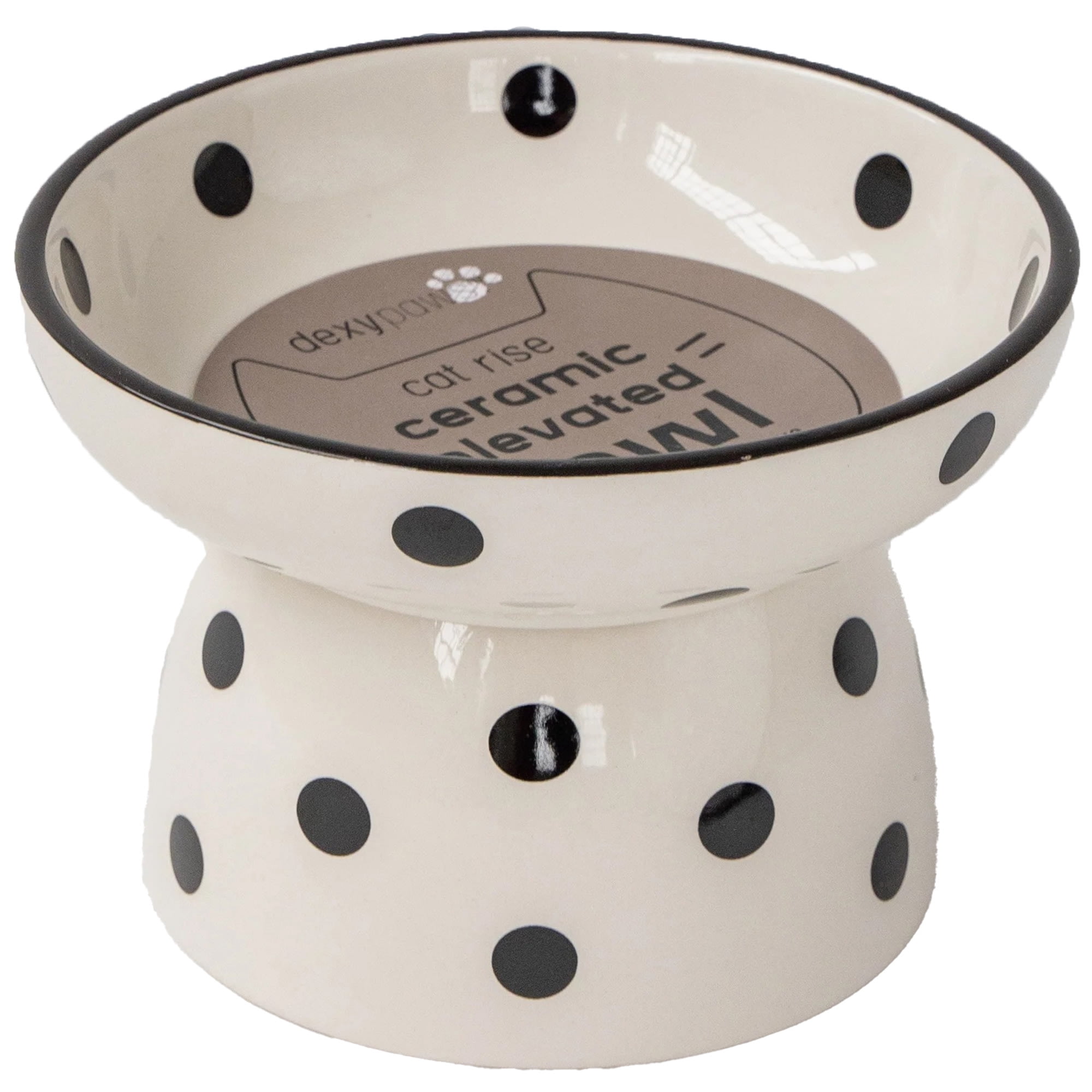 Dexypaws: Elevated Ceramic Cat Bowl - White & Black Polka Dots - 8.7oz, Stylish Pet Meal Feeding Dish, Meals, Food & Water, Ergonomic Height, Raised