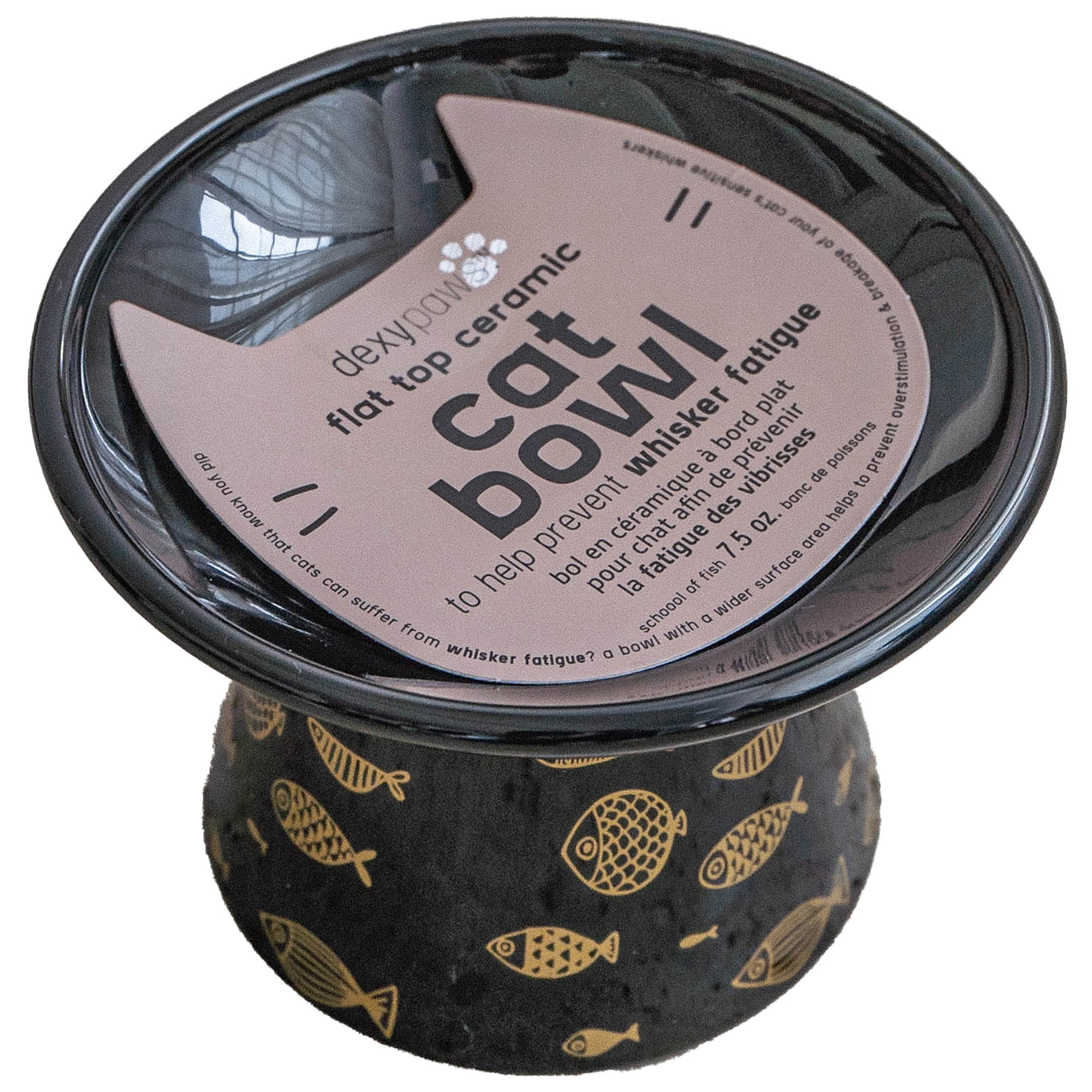 Dexypaws: Flat Top Ceramic Cat Bowl - Black Fish Print - 7.5oz, Pet Feeding Dish, Food & Water, Raised Ergonomic Height, Whisker Friendly, Stylish