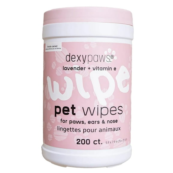Dexypaws: Pet Wipes - Lavender & Vitamin E - 200ct Canister Cleansing Wet Wipes, Cats & Dogs Grooming Care, Paws-Face-Ears-Nose, Moist-Gentle-Portable
