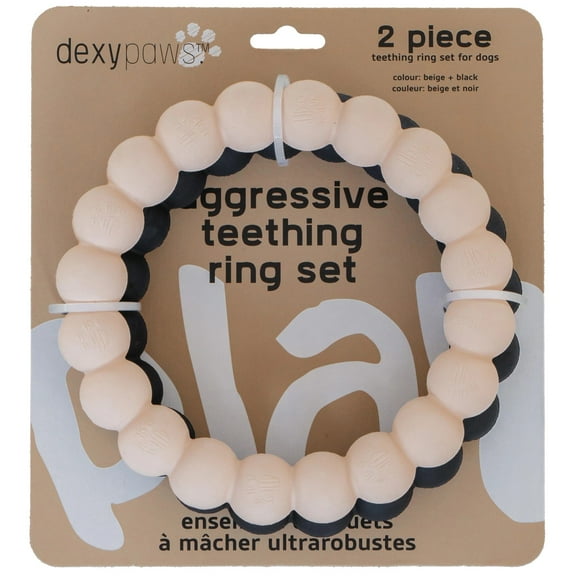 Dexypaws: Super Chew Rings - Beige & Black - 2pc Dog Teething Toys, Aggressive Chewers, Fetch & Tug, Textured Circles, Durable Rubber, Pet Play