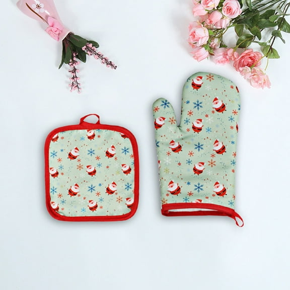 Deyared BBQ Mitts Heat Resistant Oven Mitts Kitchen Silicone Oven Mitts Christmas Baking Anti-Hot Gloves Oven Microwave Insulation Mat Xmas Supply on Clearance