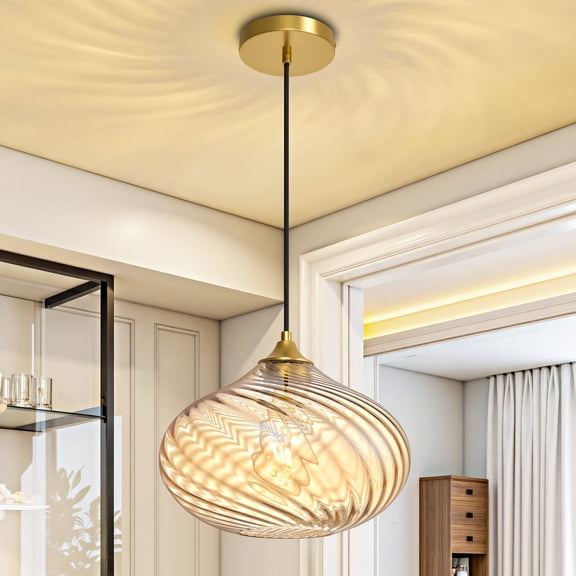 Deyidn 11 inch Modern Adjustable Gold Pendant Light with Amber Striped Shade - Kitchen Island Lighting for Dining Room, Bedroom & Entryway