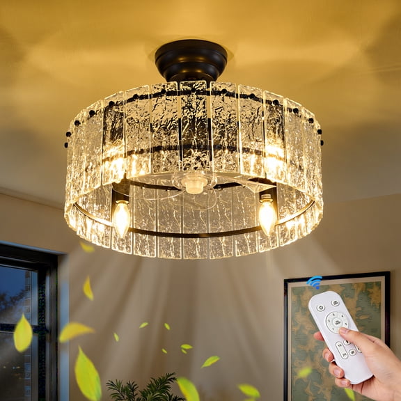 Deyidn 19.68" Black Crystal Chandelier Ceiling Fan with Light and Remote, Multi-Function Modern Design