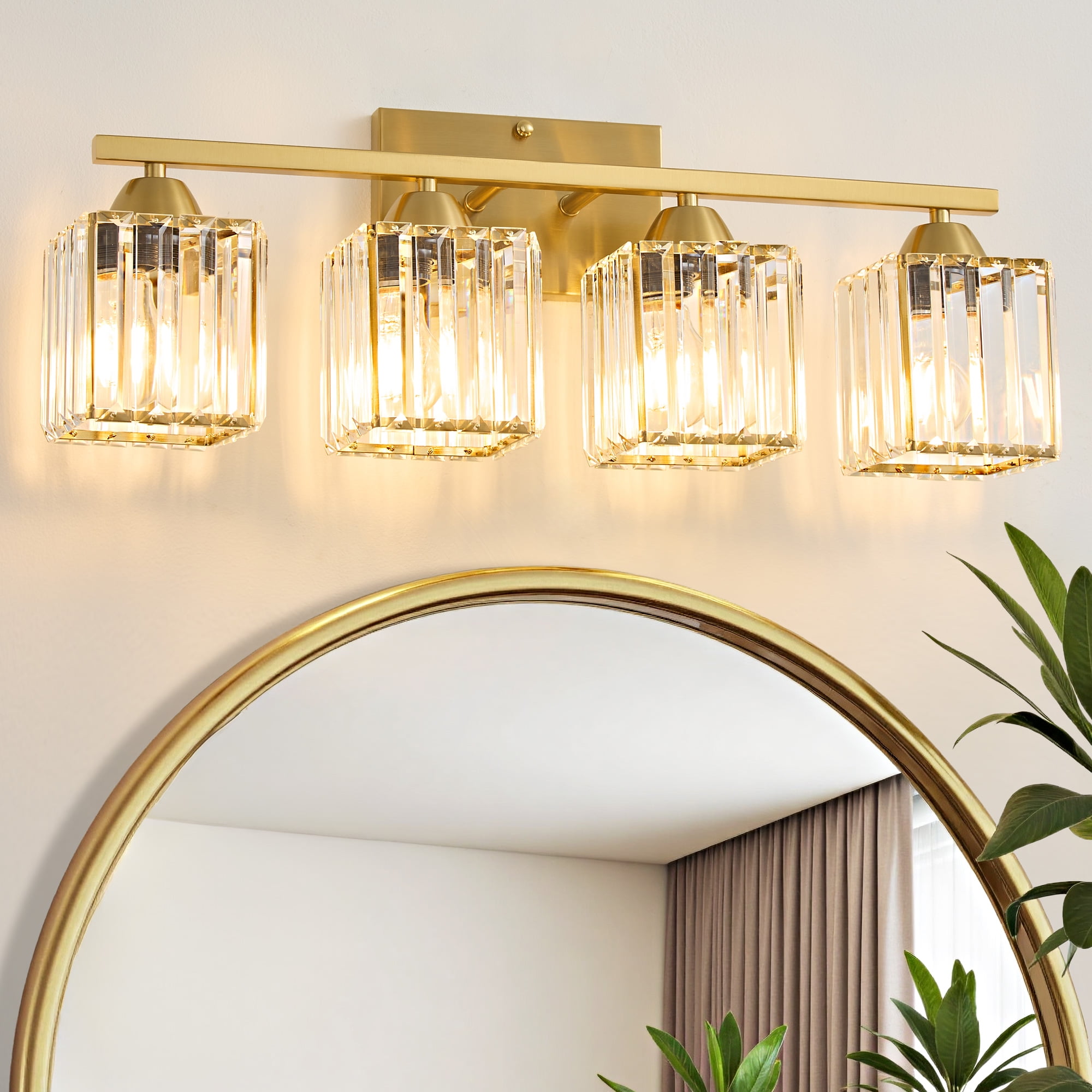 Deyidn 23.23" Modern Gold Vanity Light, 4-Light Dimmable Bathroom Light Fixture with Square Crystal Shades, for Mirror Lighting, Bathroom Wall Sconce