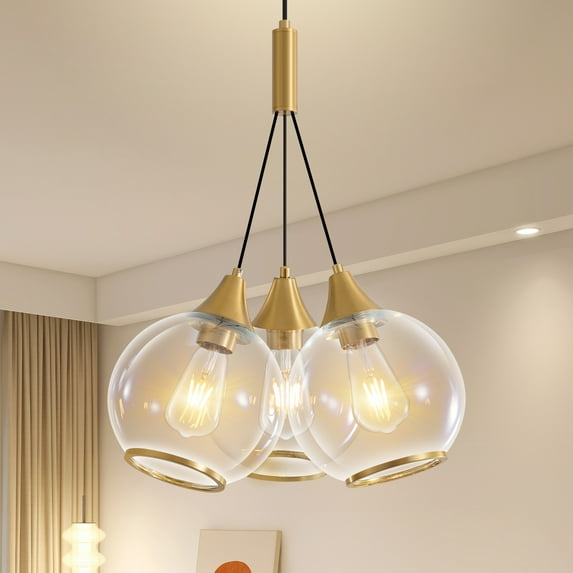 Deyidn 3-Light Modern Gold Chandelier, Ceiling Light Fixture with Metal Frame and Glass Shade for Dining Room, Bedroom, Kitchen