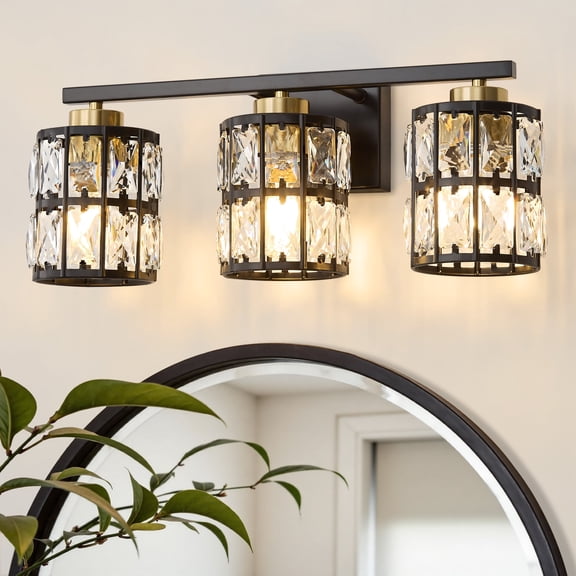 Deyidn 3-Light Black&Gold Bathroom Vanity Light, 18.9" Dimmable Modern Wall Mirror Light Fixture with Cylinder Crystal Shades for Bathroom, Powder Room