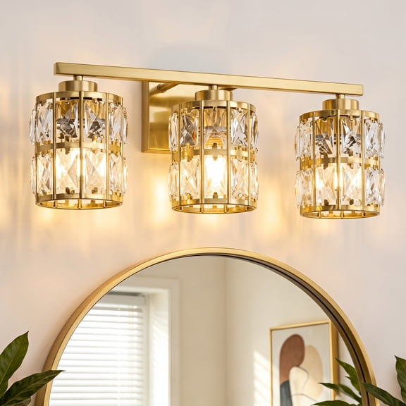 Deyidn 3-Light Gold Bathroom Vanity Light, 18.9" Dimmable Modern Wall Mirror Light Fixture with Cylinder Crystal Shades for Bathroom, Powder Room