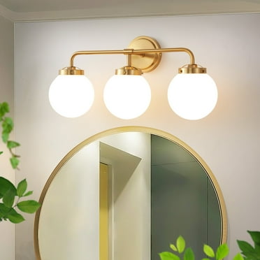 Deyidn 3 Light Gold Bathroom Vanity Light with White Globe Glass Shade Modern Bathroom Wall E12 Bulb
