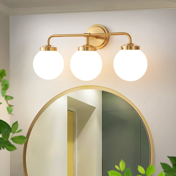Deyidn 3 Light Gold Bathroom Vanity Light with White Globe Glass Shade Modern Bathroom Wall E12 Bulb
