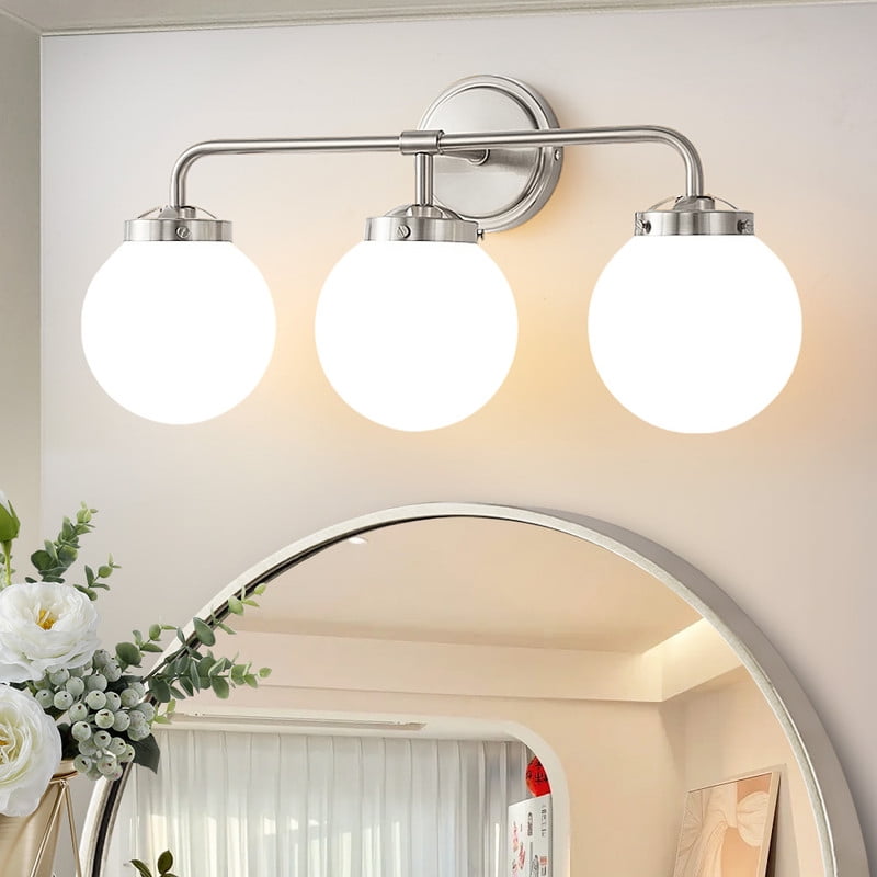 Deyidn 3 Light Pale Gold Bathroom Vanity Light with White Globe Glass Shade Modern Bathroom Wall E12 Bulb