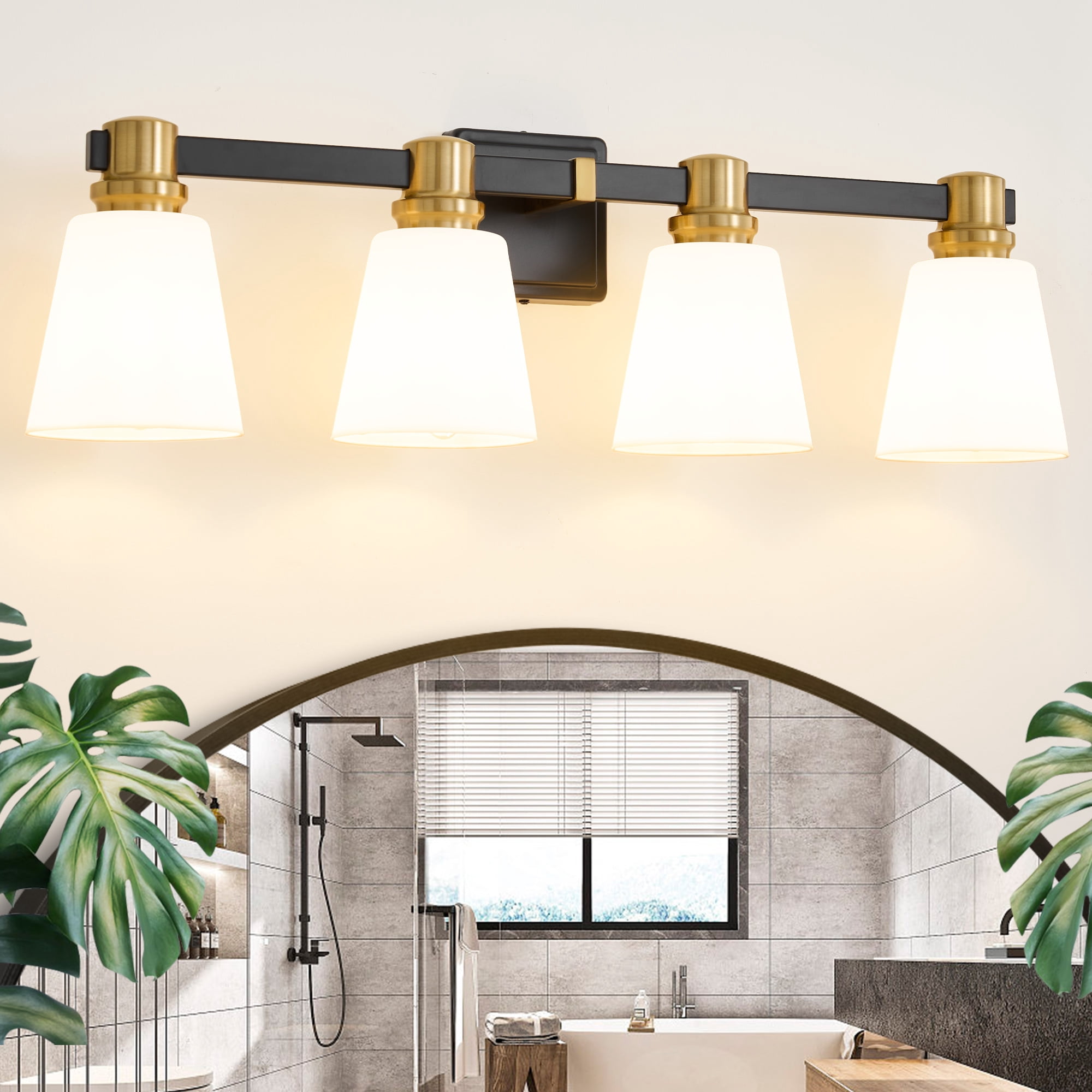 Deyidn 30" 4-Light Vanity Light, Black Gold Dimmable Bathroom Light Fixture with Milk White Cone Shades for Modern Farmhouse