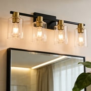 Deyidn 4-Light Black and Gold Dimmable LED Vanity Light with Clear Glass Shades
