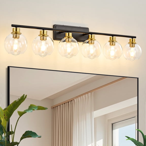 Deyidn 42.12" Black and Gold Bathroom Vanity Light, 6-Light Dimmable Wall Fixture with Clear Glass Shades for Makeup Mirror, Modern Luxury