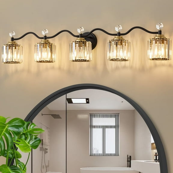 Deyidn 44.5" Modern 5-Light Black Gold Bathroom Vanity Light - Dimmable Bathroom Transitional Fixture with Crystal Glass Shades