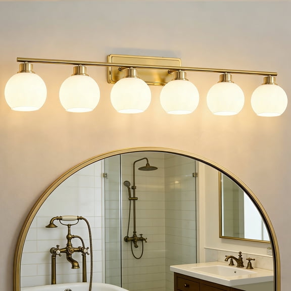Deyidn 45.27" 6-Light Dimmable Bathroom Vanity Light - Gold Finish with Milky White Glass Shades, Transitional Modern Design
