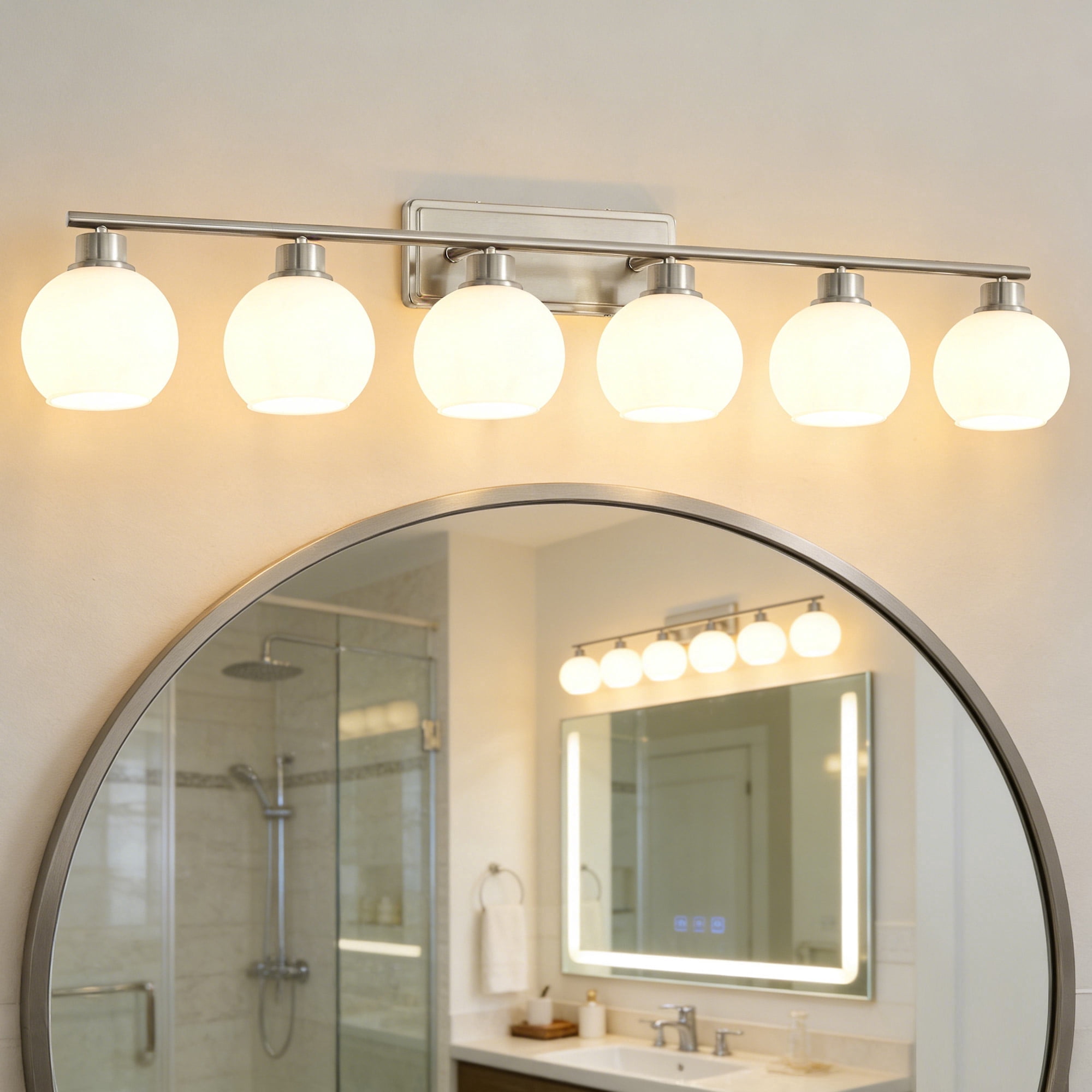 Deyidn 45.27" 6-Light Dimmable Bathroom Vanity Light - Nickel Finish with Milky White Glass Shades, Transitional Modern Design