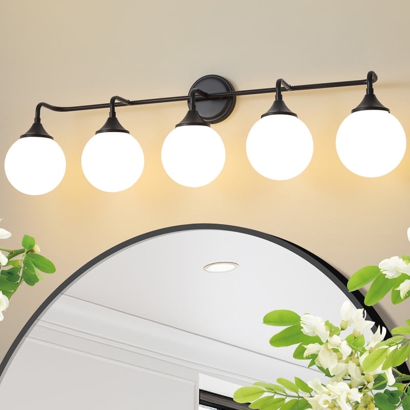 Deyidn 5-Light Black Modern Vanity Light, 39 Inch Dimmable Bathroom Light Fixture with Opal Glass Globes for Mirror